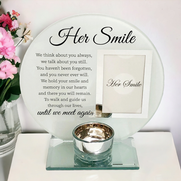 Her Smile Glass Photo Frame & Tealight Candle Holder Memorial Plaque Glass Photo Frame with Tea Light Holder - Her Smile Remembrance Keepsake tribute