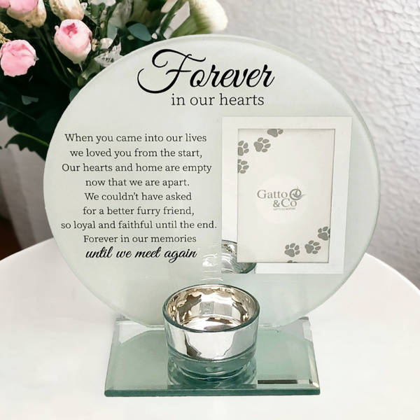 Forever In our hearts pets pet dog cat Glass Photo Frame & Tealight Candle Holder Memorial Plaque Glass Photo Frame with Tea Light Holder Remembrance Keepsake tribute