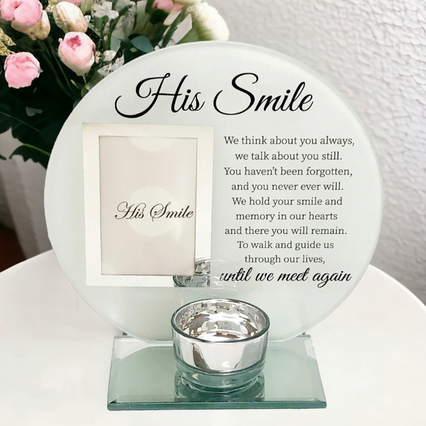 His Smile Glass Photo Frame & Tealight Candle Holder Memorial Plaque Glass Photo Frame with Tea Light Holder - His Smile Remembrance Keepsake tribute