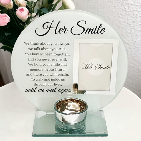 Her Smile Glass Photo Frame & Tealight Candle Holder Memorial Plaque Glass Photo Frame with Tea Light Holder - Her Smile Remembrance Keepsake tribute