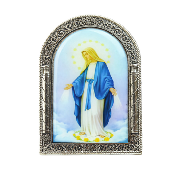 Religious Catholic Christian Metal Silver Plated blessed Holy Virgin Mother mary in the sky Icon Plaque Picture Stand