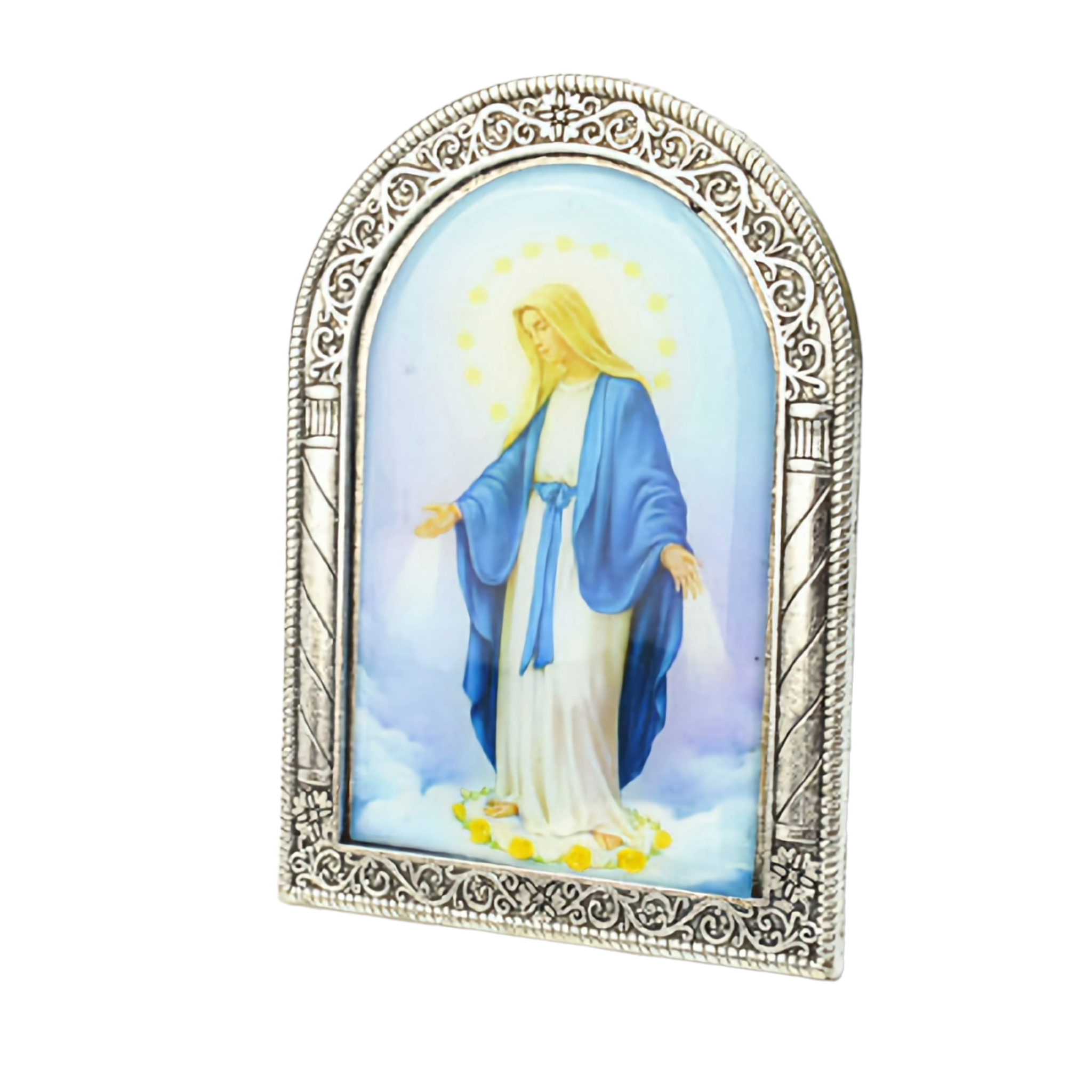 Religious Catholic Christian Metal Silver Plated blessed Holy Virgin Mother mary in the sky Icon Plaque Picture Stand