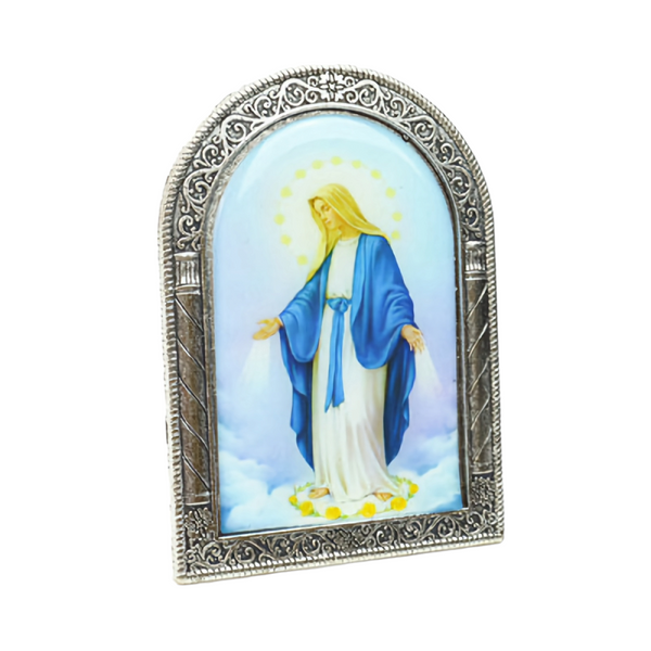 Religious Catholic Christian Metal Silver Plated blessed Holy Virgin Mother mary in the sky Icon Plaque Picture Stand