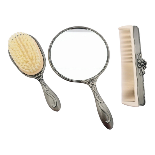 3 Piece Silver Pewter Brush, Comb & Mirror Vanity Set baby girls dresser gift