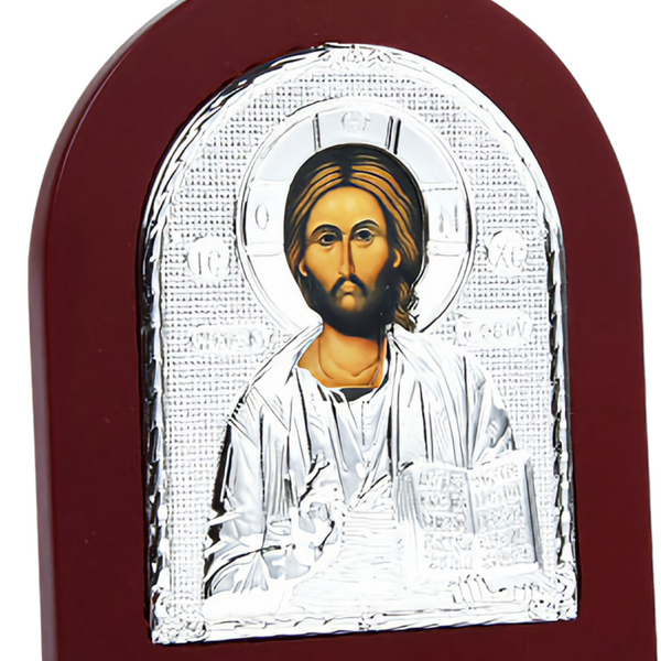 Religious Orthodox Silver Plated Holy Jesus Christ Icon Plaque with Red Wood Frame