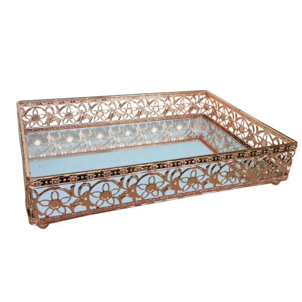 Rose Gold Rectangle Ornate Mirror Tray- 25cm x 15cm