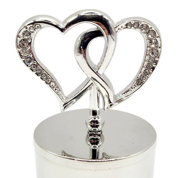 Shiny Silver Plated Shiny Silver Trinket Jewellery Box Crystal Diamante Double Hearts Top Lid