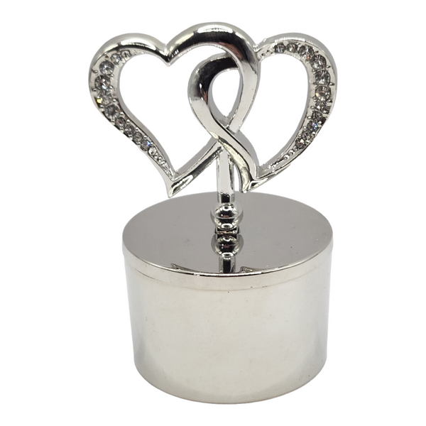 Shiny Silver Plated Shiny Silver Trinket Jewellery Box Crystal Diamante Double Hearts Top Lid