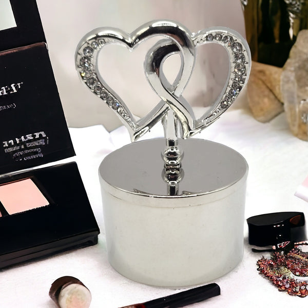 Shiny Silver Plated Trinket Jewellery Box & Crystal Diamante Double Hearts Lid