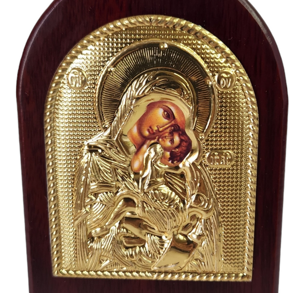 Orthodox Gold Plated Holy Mother Mary & Jesus Icon Plaque Red Wood Frame