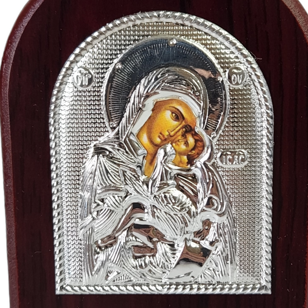 Orthodox Silver Plated Holy Mother Mary & Jesus Icon Plaque Red Wood Frame