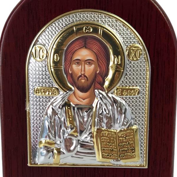 Orthodox Silver & Gold Plated Jesus Christ Icon Plaque Red Wood Frame