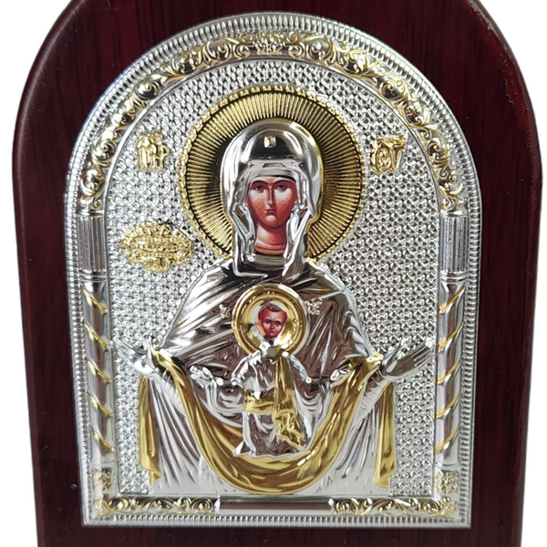 Orthodox Silver & Gold Plated Holy Mother Mary & Jesus Icon Plaque Red Wood Frame