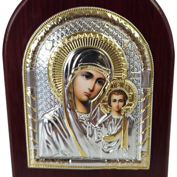 Orthodox Silver & Gold Plated Holy Mother Mary & Jesus Icon Plaque Red Wood Frame