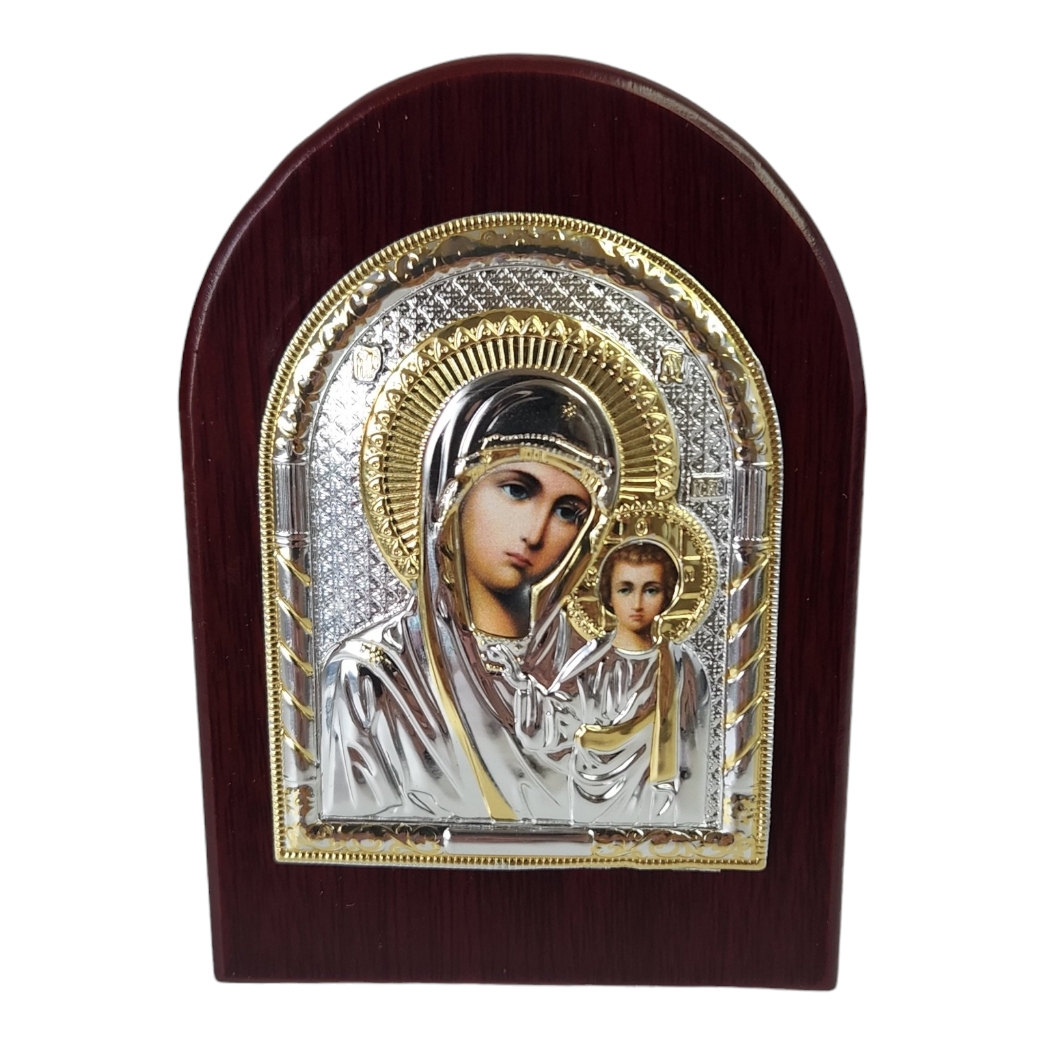 Orthodox Silver & Gold Plated Holy Mother Mary & Jesus Icon Plaque Red Wood Frame