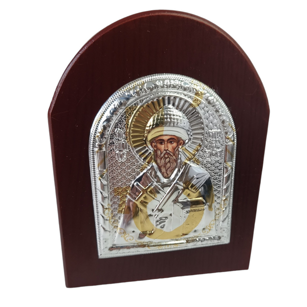 Orthodox Silver & Gold Plated Saint Spyridon Icon Plaque Red Wood Frame