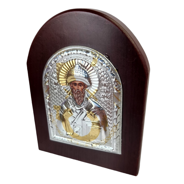 Orthodox Silver & Gold Plated Saint Spyridon Icon Plaque Red Wood Frame