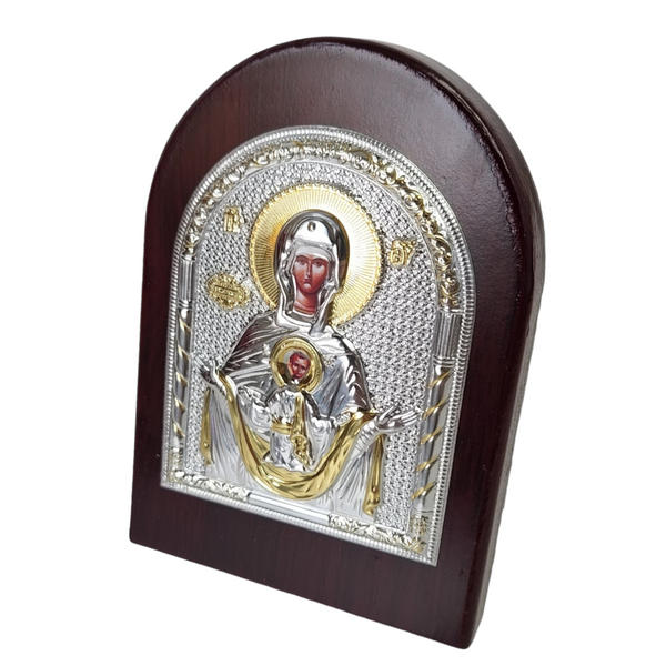 Orthodox Silver & Gold Plated Holy Mother Mary & Jesus Icon Plaque Red Wood Frame