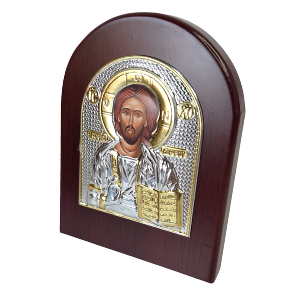 Orthodox Silver & Gold Plated Jesus Christ Icon Plaque Red Wood Frame