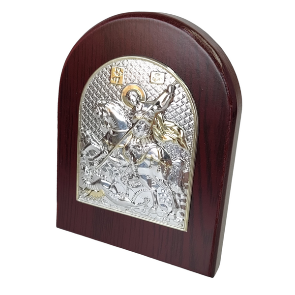 Orthodox Silver & Gold Plated Saint George Icon Plaque Red Wood Frame