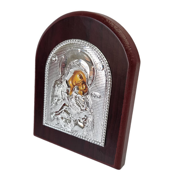 Orthodox Silver Plated Holy Mother Mary & Jesus Icon Plaque Red Wood Frame