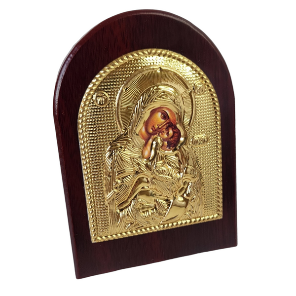 Orthodox Gold Plated Holy Mother Mary & Jesus Icon Plaque Red Wood Frame