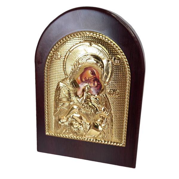 Orthodox Gold Plated Holy Mother Mary & Jesus Icon Plaque Red Wood Frame