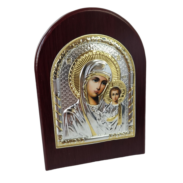 Orthodox Silver & Gold Plated Holy Mother Mary & Jesus Icon Plaque Red Wood Frame