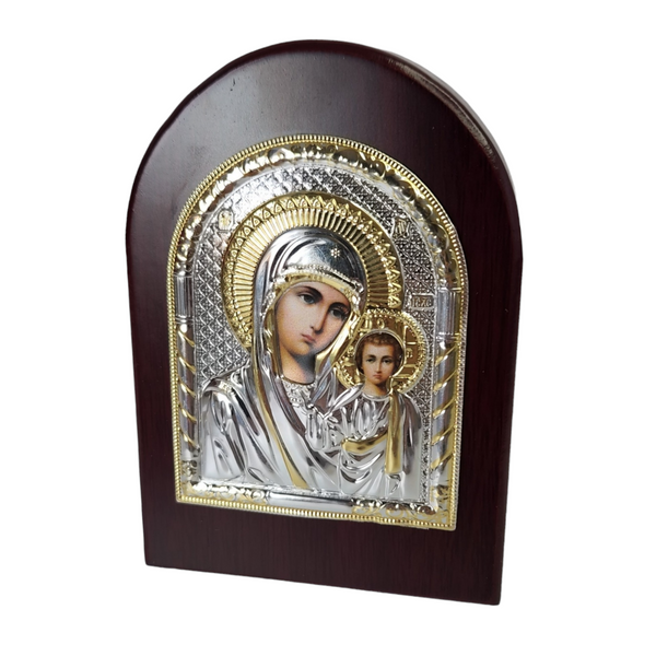 Orthodox Silver & Gold Plated Holy Mother Mary & Jesus Icon Plaque Red Wood Frame