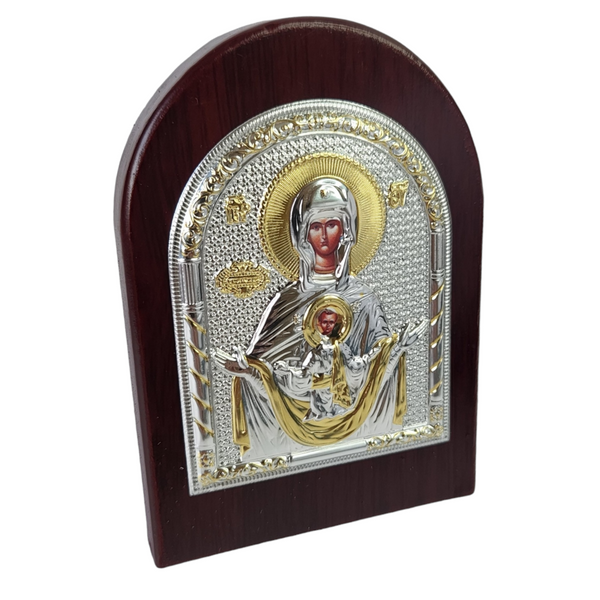 Orthodox Silver & Gold Plated Holy Mother Mary & Jesus Icon Plaque Red Wood Frame