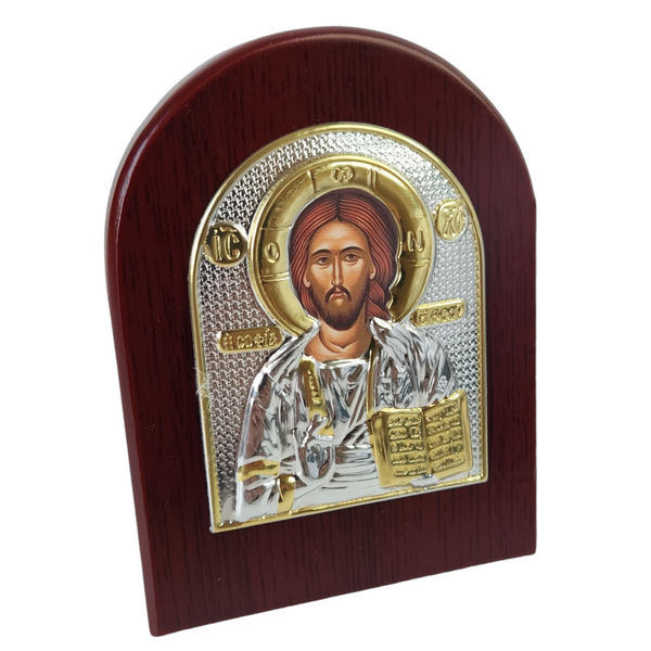 Orthodox Silver & Gold Plated Jesus Christ Icon Plaque Red Wood Frame