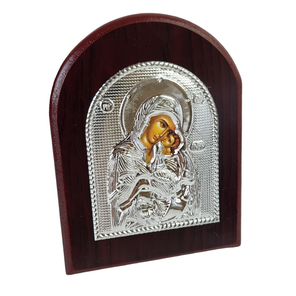 Orthodox Silver Plated Holy Mother Mary & Jesus Icon Plaque Red Wood Frame