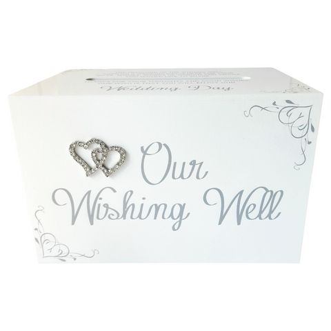 White Wood Diamante Crystal Double Hearts Wedding Wishing Well Gift Card Box