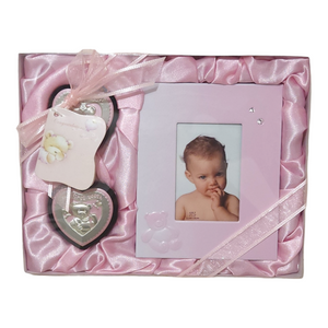 Pink Baby Girl 3 Piece Pink Photo Frame, My First Tooth & My First Curl Heart Keepsake Set