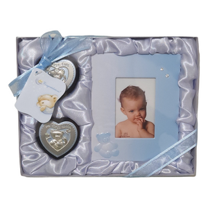 Blue Baby Boy 3 Piece Blue Photo Frame, My First Tooth & My First Curl Heart Keepsake Set