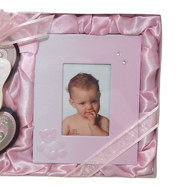 Pink Baby Girl 3 Piece Pink Photo Frame, My First Tooth & My First Curl Heart Keepsake Set