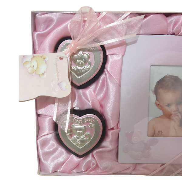 Pink Baby Girl 3 Piece Pink Photo Frame, My First Tooth & My First Curl Heart Keepsake Set