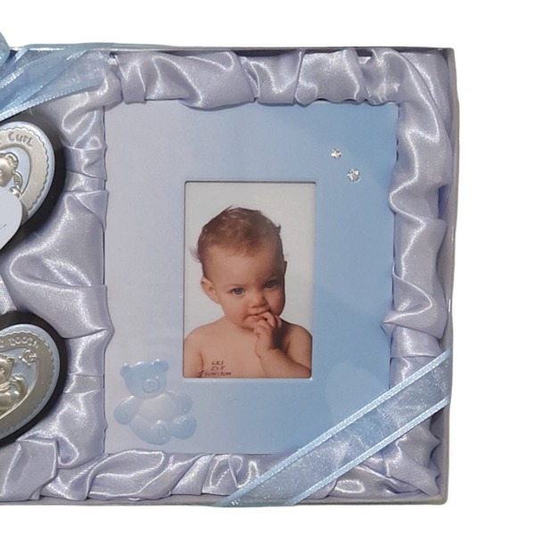 Blue Baby Boy 3 Piece Blue Photo Frame, My First Tooth & My First Curl Heart Keepsake Set