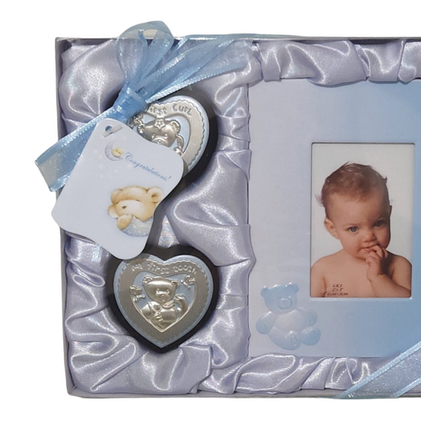 Blue Baby Boy 3 Piece Blue Photo Frame, My First Tooth & My First Curl Heart Keepsake Set