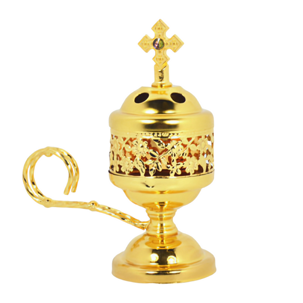 Orthodox Gold Round Religious Incense Burner with Crystal Cross Top & Handle