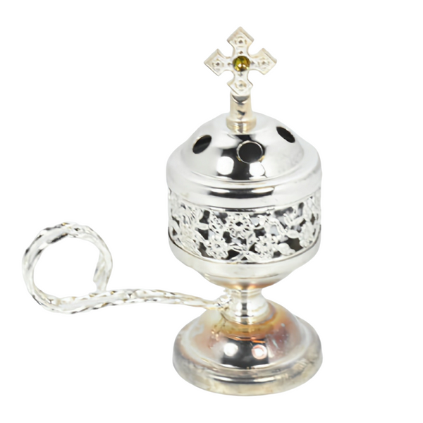 Orthodox Silver Round Religious Incense Burner with Crystal Cross Top & Handle