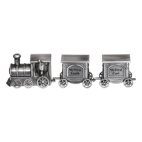 Silver Pewter Teddy Bear Train with First Tooth & First Curl Carriage Baby Keepsake