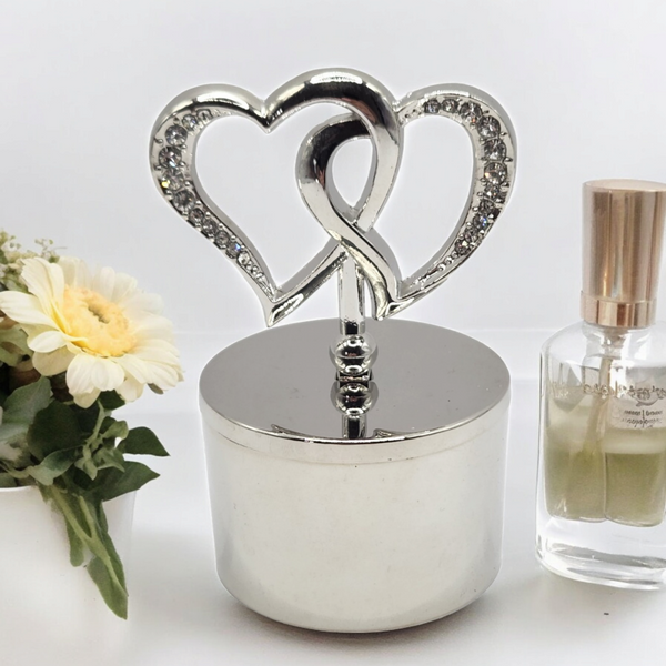 Shiny Silver Plated Trinket Jewellery Box & Crystal Diamante Double Hearts Lid