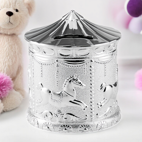 Shiny Silver Plated Carousel Merry Go Round Money Box