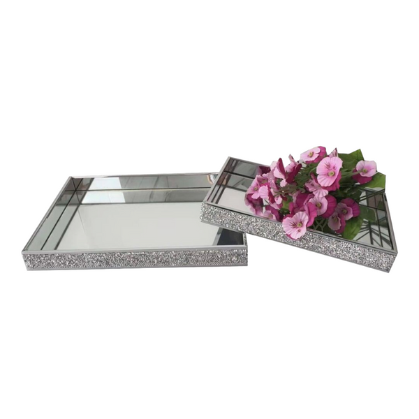 Set 2 Silver Rectangle Sparkling Crystal Diamante Frame Decorative Mirror Trays