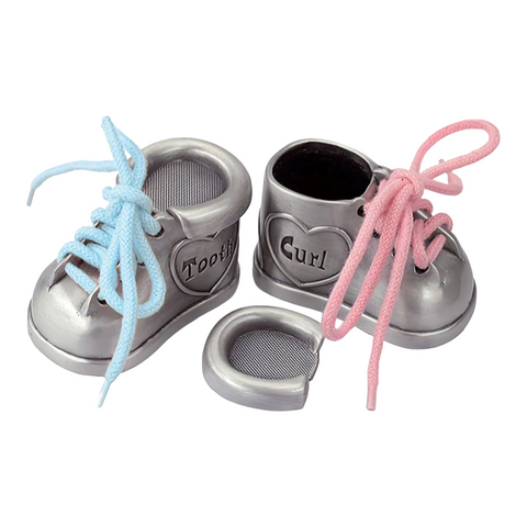 Set of 2 silver Pewter First Tooth & First Curl Baby Shoe Booties bootie trinket gift set with Pink & Blue Laces Keepsake baby children's newborn baptism christening baby shower gift 