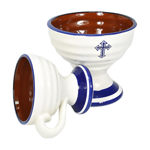 Orthodox Blue & White Ceramic Incense Burner Cup with Cross Sign & Handle- Small