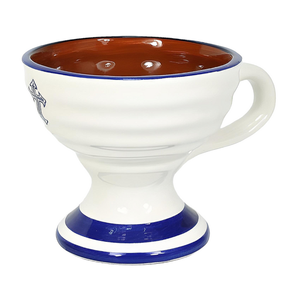 Orthodox Blue & White Ceramic Incense Burner Cup with Cross Sign & Handle- Large