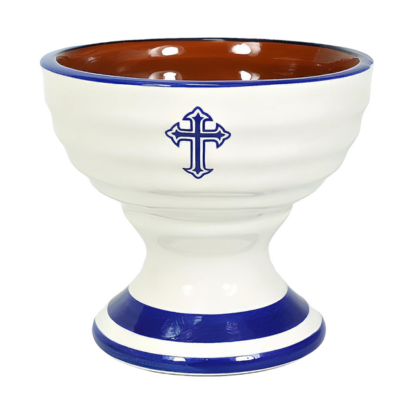 Orthodox Blue & White Ceramic Incense Burner Cup with Cross Sign & Handle- Large