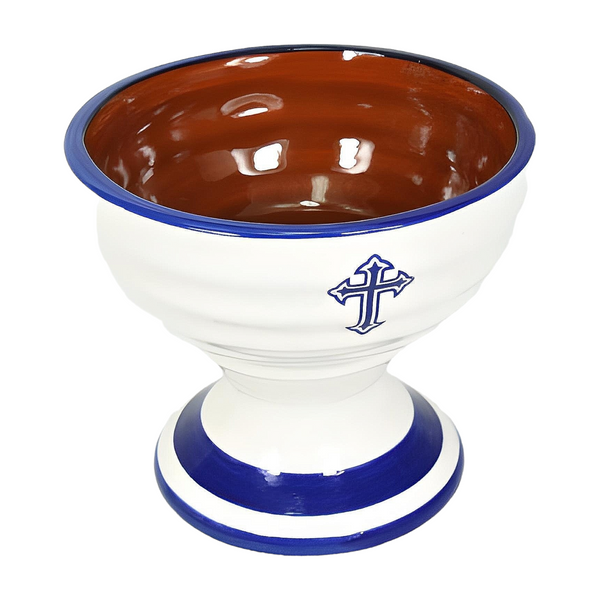 Orthodox Blue & White Ceramic Incense Burner Cup with Cross Sign & Handle- Large